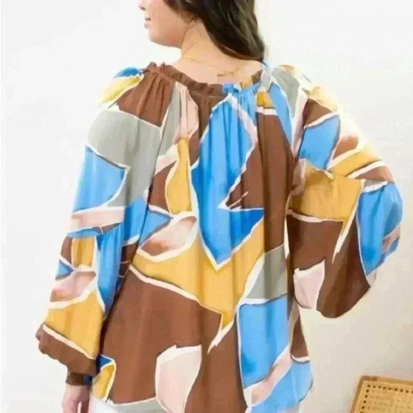 Womens Abstract Peasant Brown Gold Blue Pink Long Sleeve Perch Blouse 2X - Picture 2 of 11